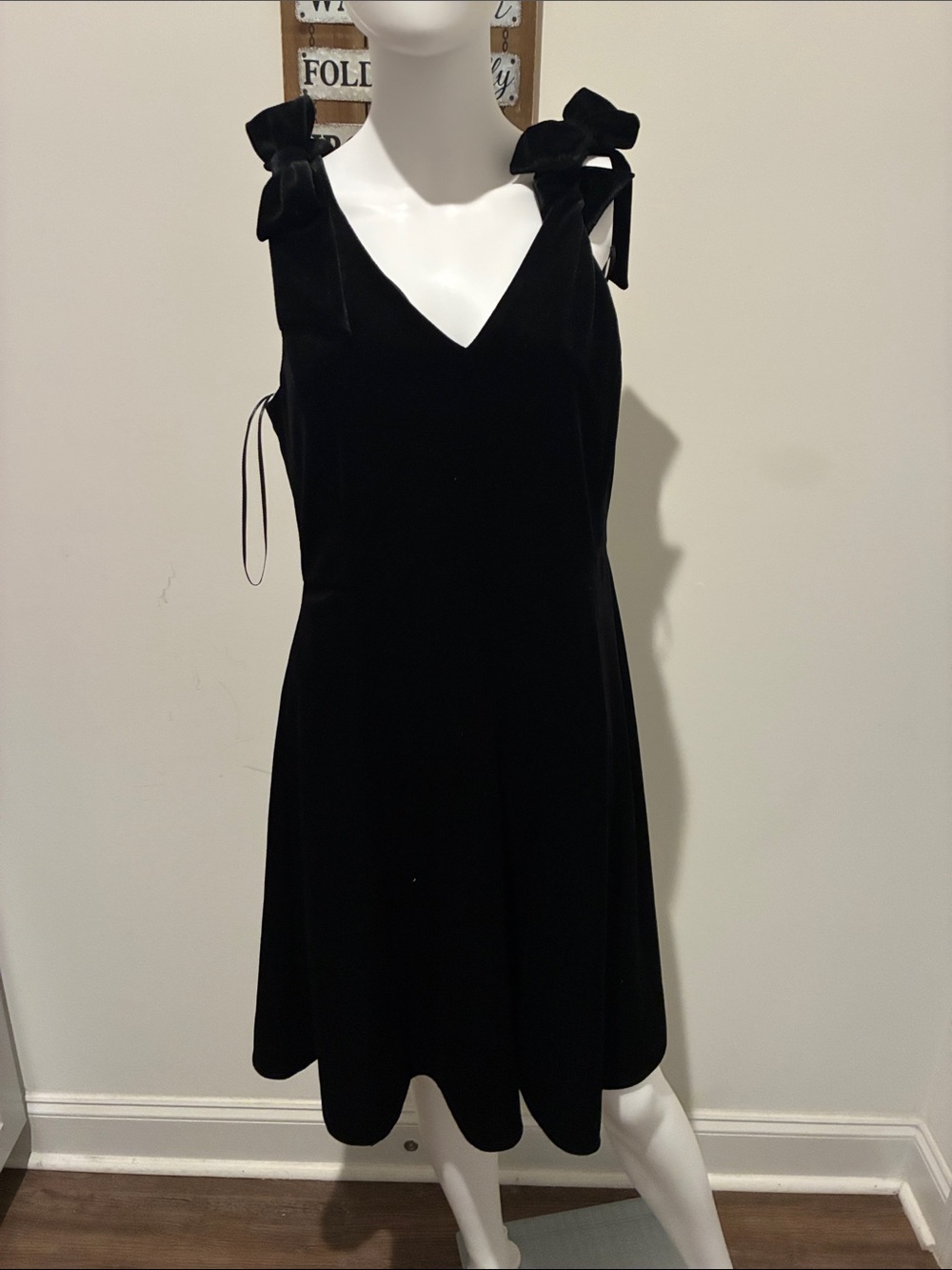 Draper James Black Velvet Bow-Shoulder V-Neck Mini Dress